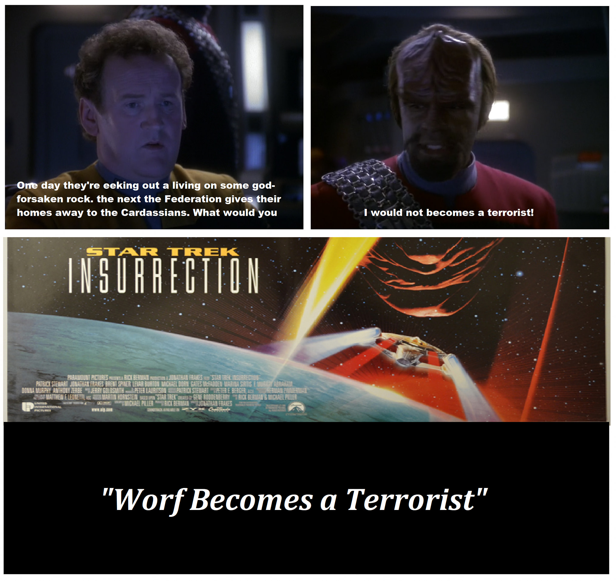 The meme is a humorous comparison between a famous Star Trek quote ("To boldly go where no man has gone before") and a quote from the movie "Star Trek: Into Darkness" that is a parody of that original quote. The original quote is from the 1966 Star Trek television series. The meme juxtaposes the two quotes to show how the original Star Trek quote is being used in a different context in the movie "Star Trek: Into Darkness".